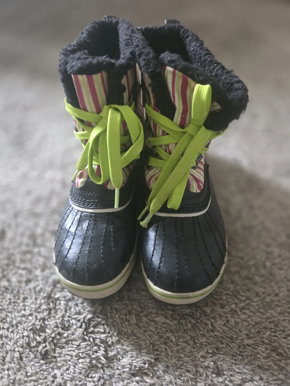 Sorel Kids Black, Pink & White Stripe Winter Boots with Lime Laces
